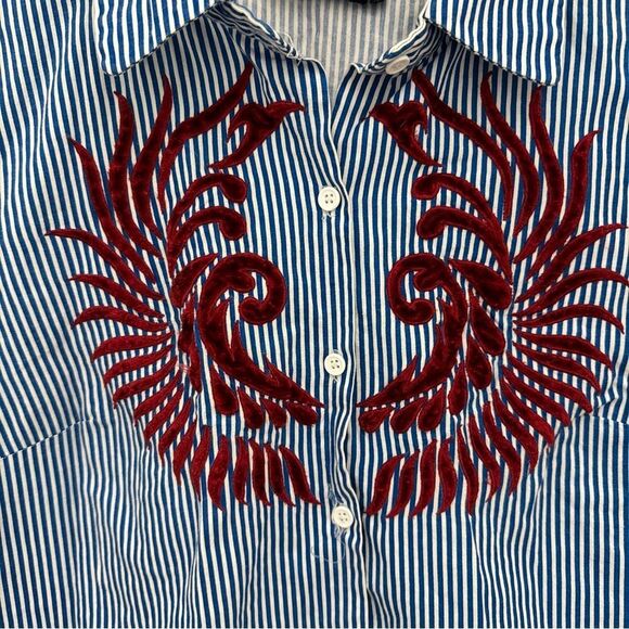 Hemant & Nandita Marne Striped Shirt Size XS Velvet Detail Blouse Striped Collar - Picture 2 of 5